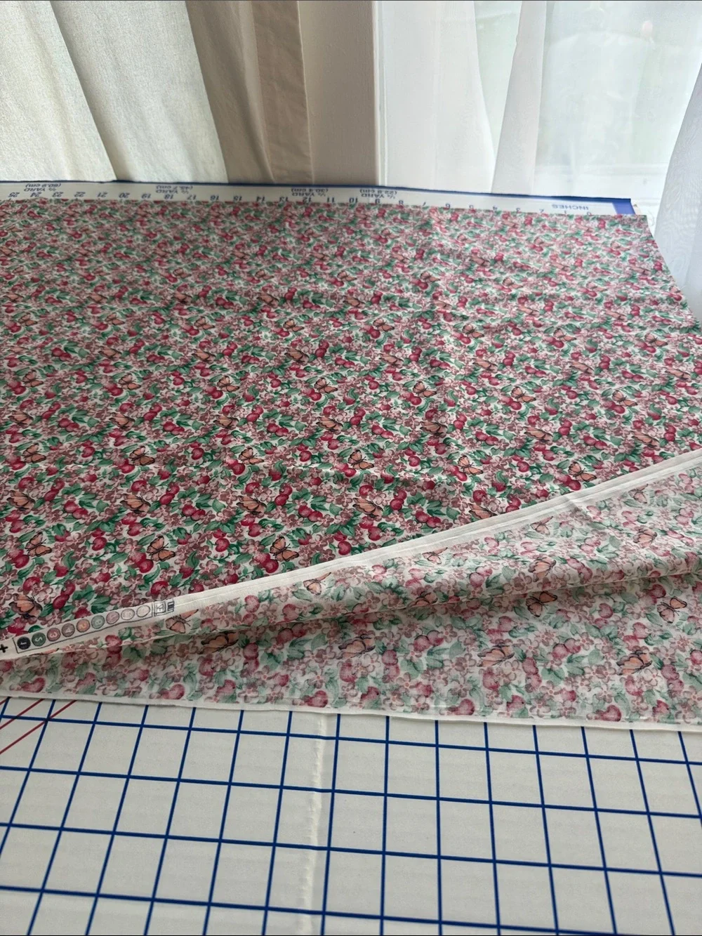 Vintage 1990s Cotton Blend Fabric 2 Yards x 44 Apple Floral Butterfly Print